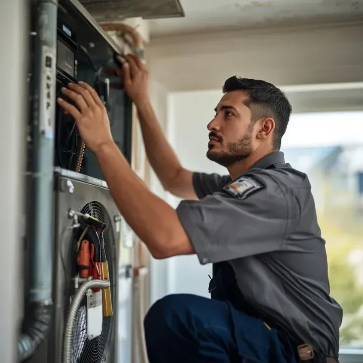 HVAC technician working on a system in a residential home