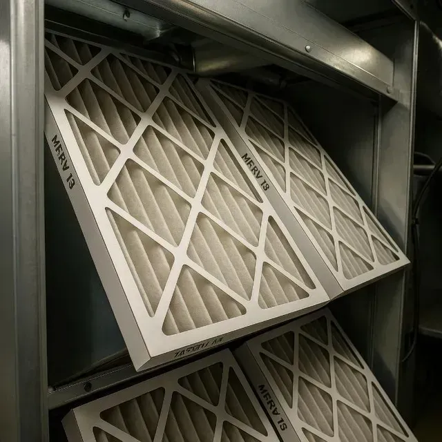 Air filters in a metal frame, angled for insertion. HVAC Installation Services Livonia MI