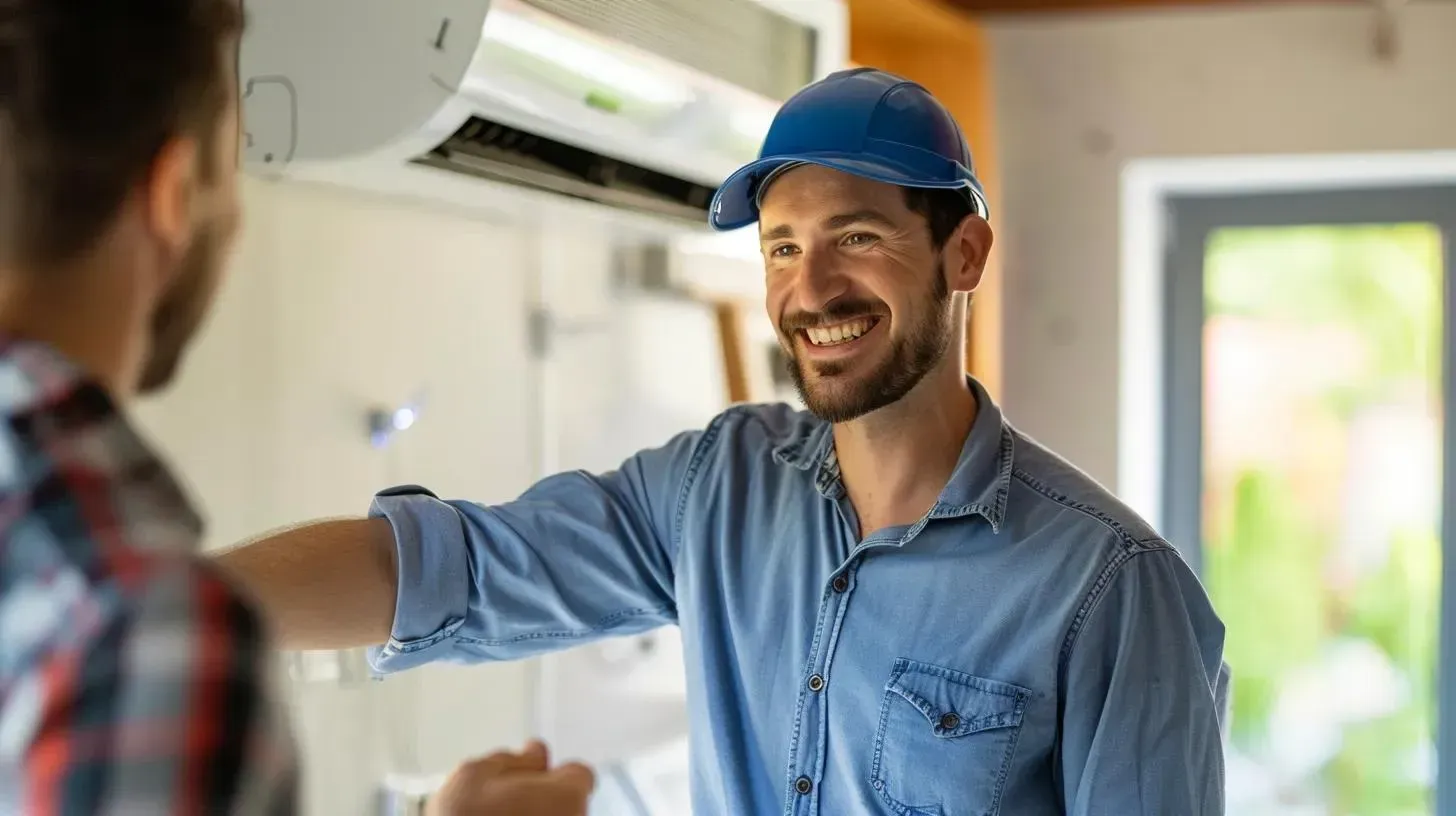 Local livonia HVAC company technician greeting a happy customer