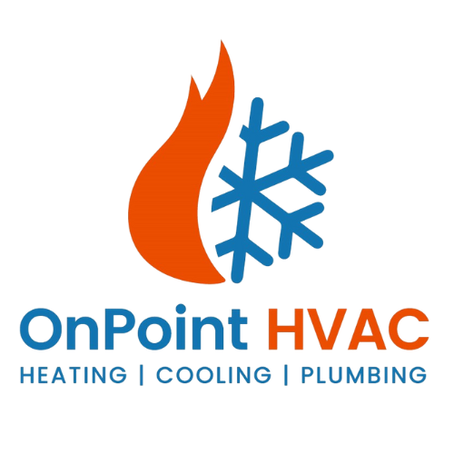 Logo for OnPoint HVAC: orange flame and blue snowflake, with blue and orange text; 