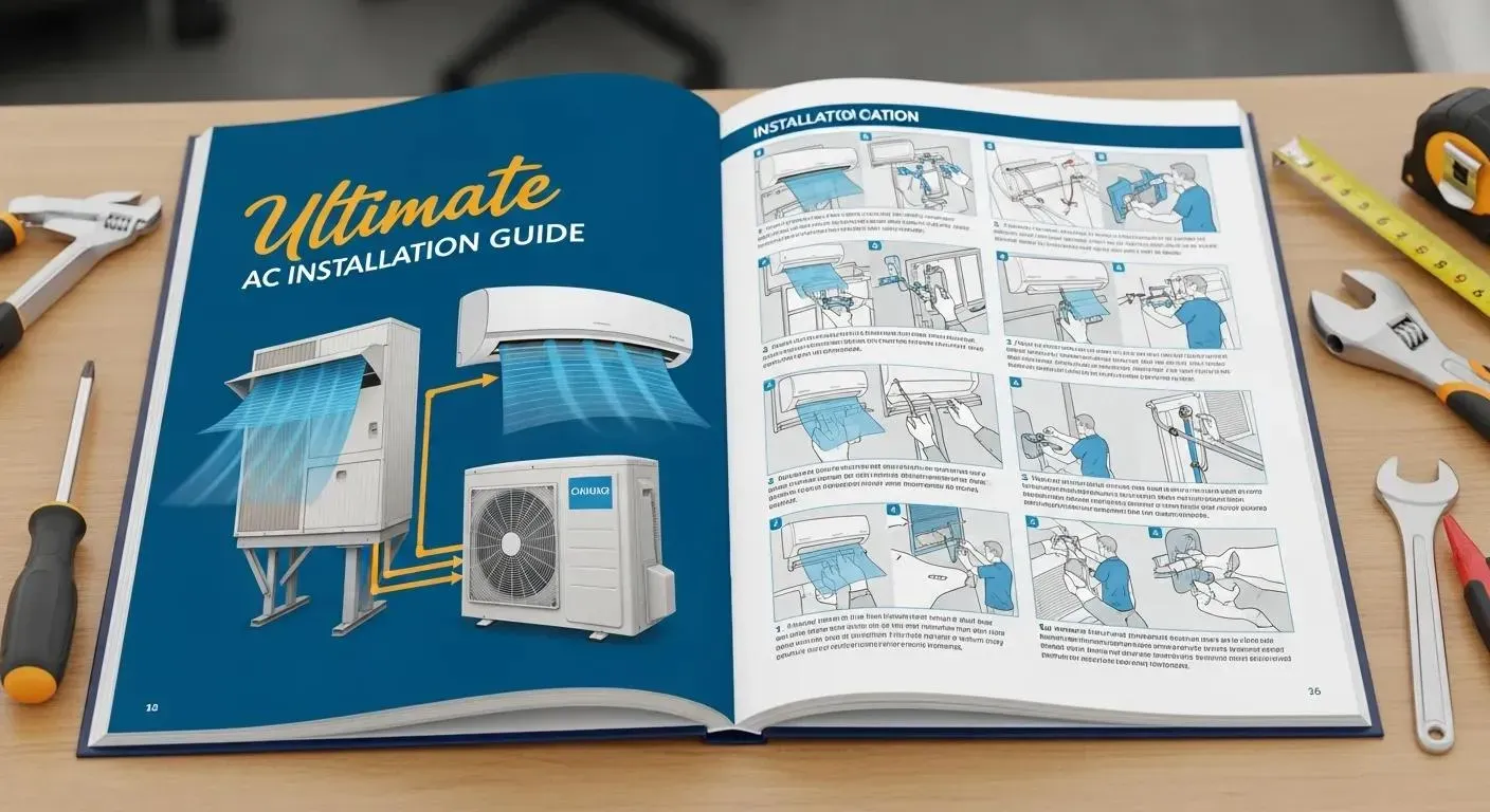 Open manual for AC installation on a desk, showing diagrams of unit setup alongside various tools like wrenches and tape.