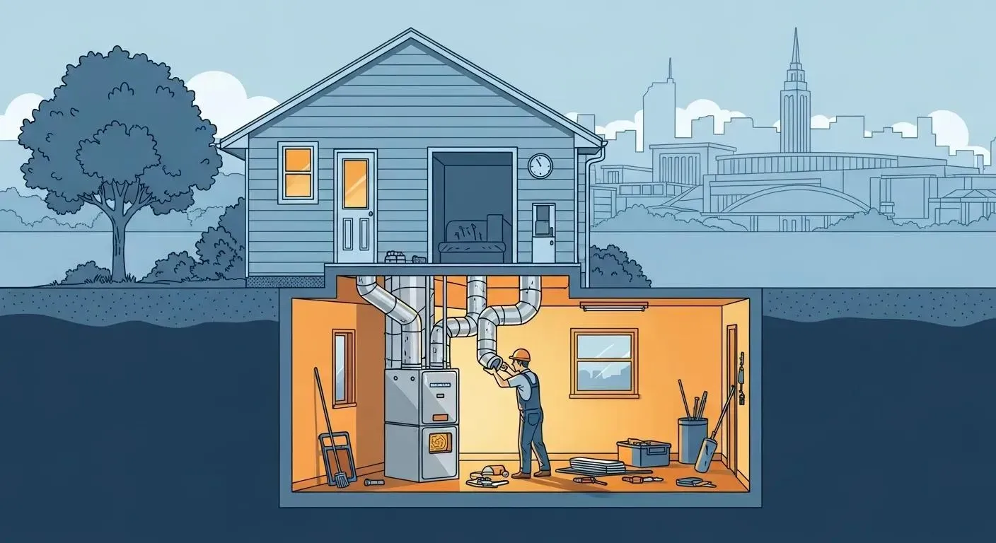 A technician works on a furnace in a basement, with ductwork and a house cutaway view.