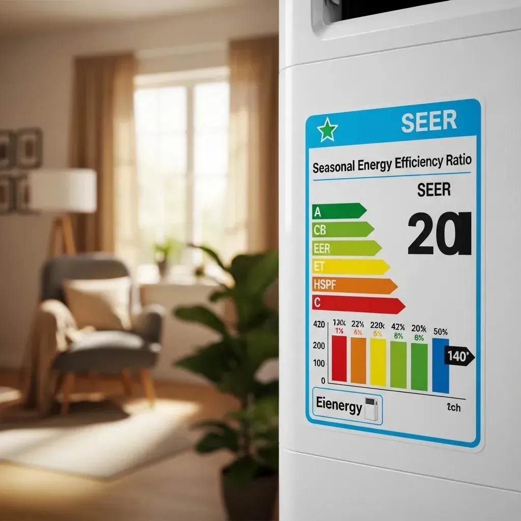 Close-up of an energy efficiency rating label on an air conditioning unit, emphasizing SEER ratings