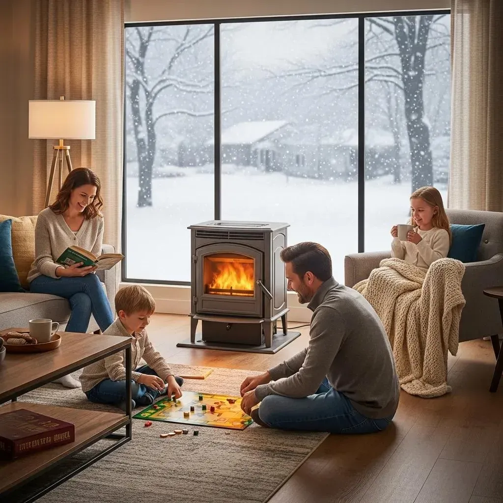 A family relaxes by a pellet stove in a living room with snowy views outside; some play a game while others read and sit.