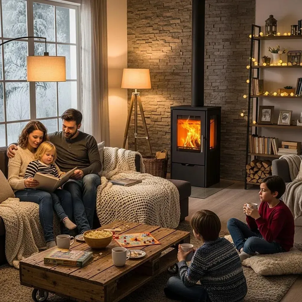 Family reading by a cozy fireplace in a warmly lit living room, with children gathered on rugs and sofa.