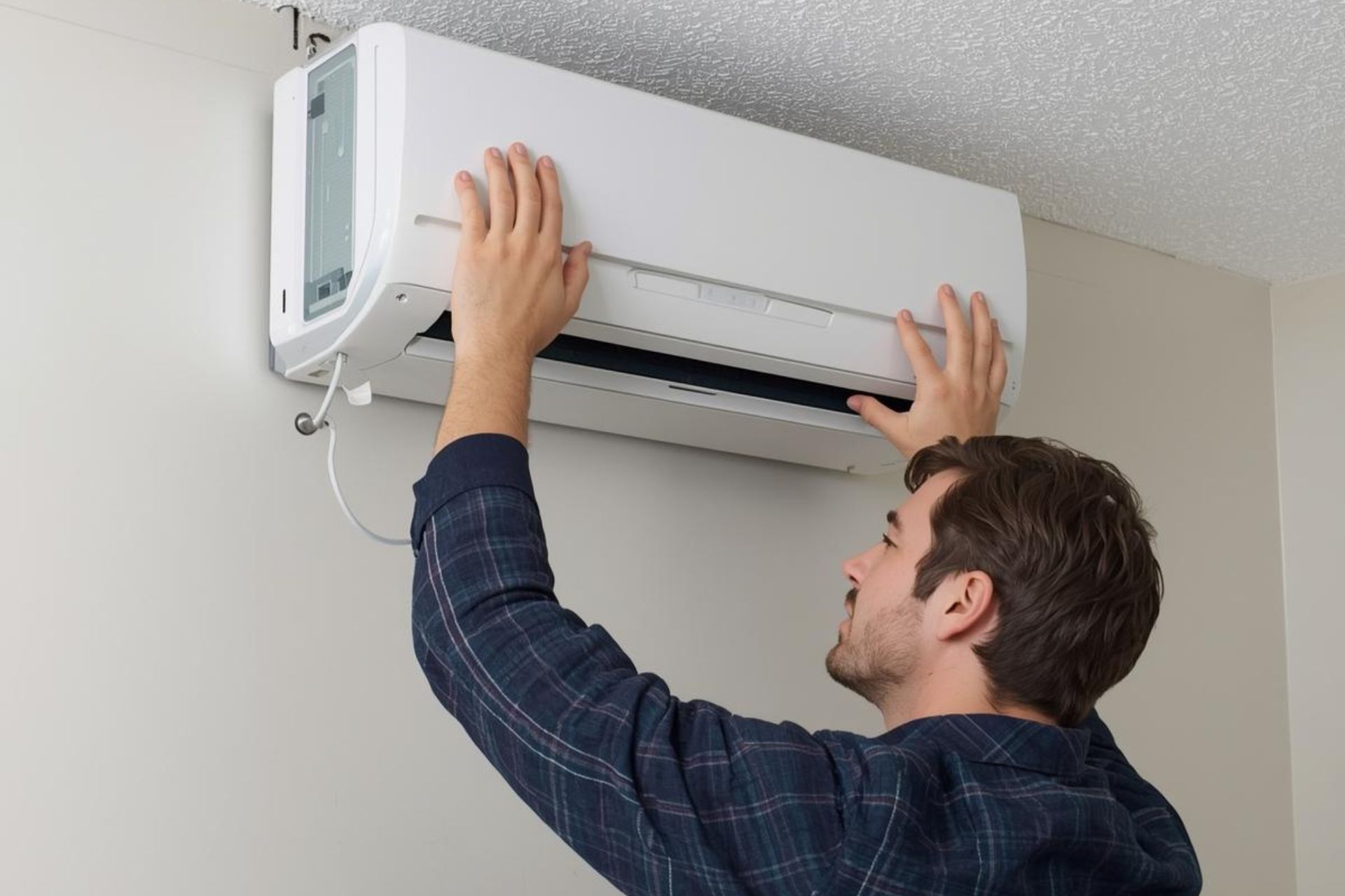Technician installing a ductless mini-split AC unit on a wall, illustrating the installation process