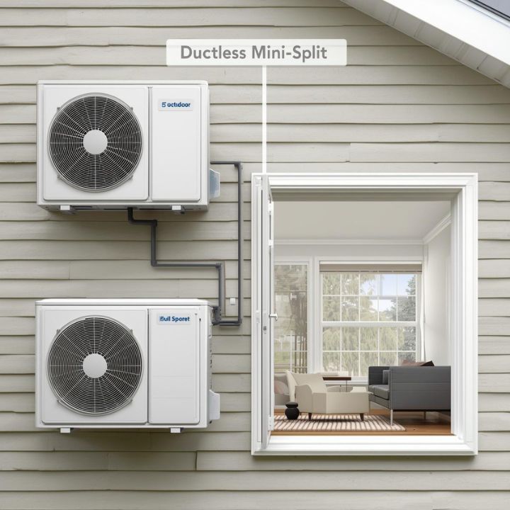 Ductless mini-split system installed on a house, highlighting its outdoor and indoor components