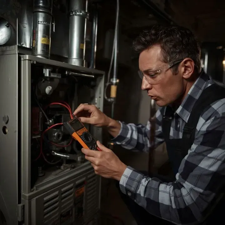HVAC technician inspecting a malfunctioning furnace, representing common HVAC emergencies