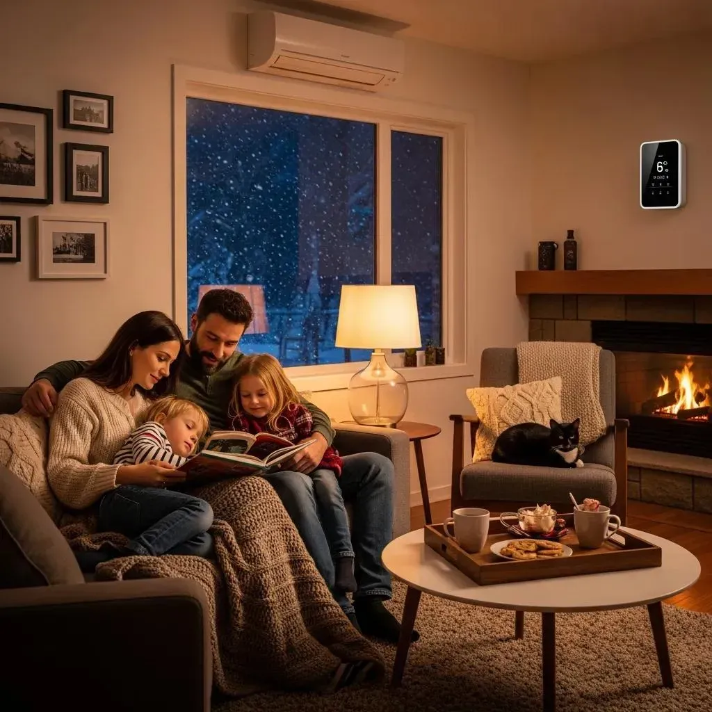 Family enjoying comfort in a cozy living room with HVAC unit, highlighting emergency HVAC service importance