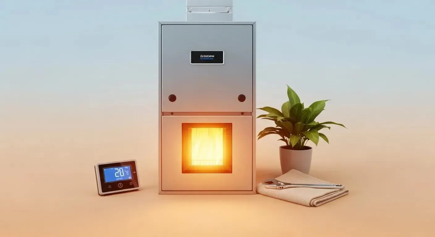 Glowing furnace with a thermostat, plant, and folded towel.