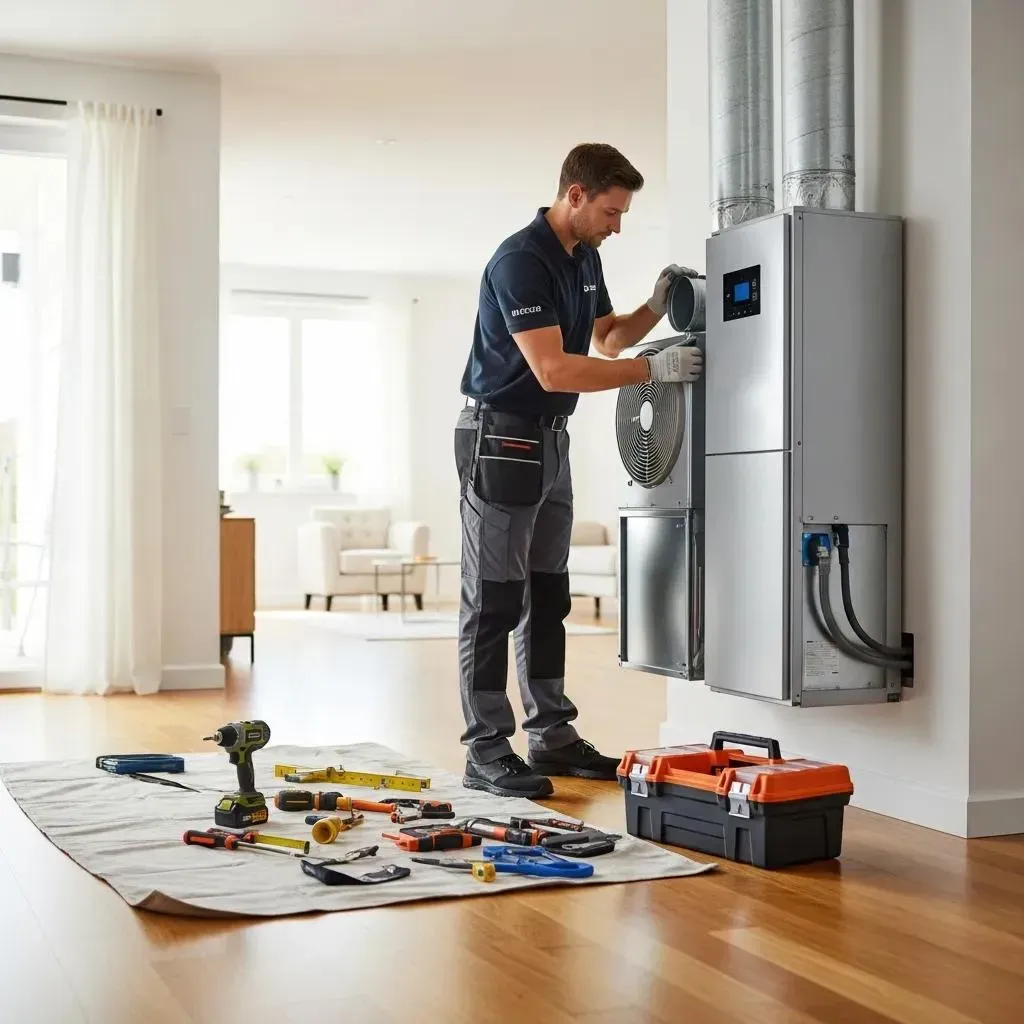 HVAC technician installing a modern heating and cooling system in a residential home