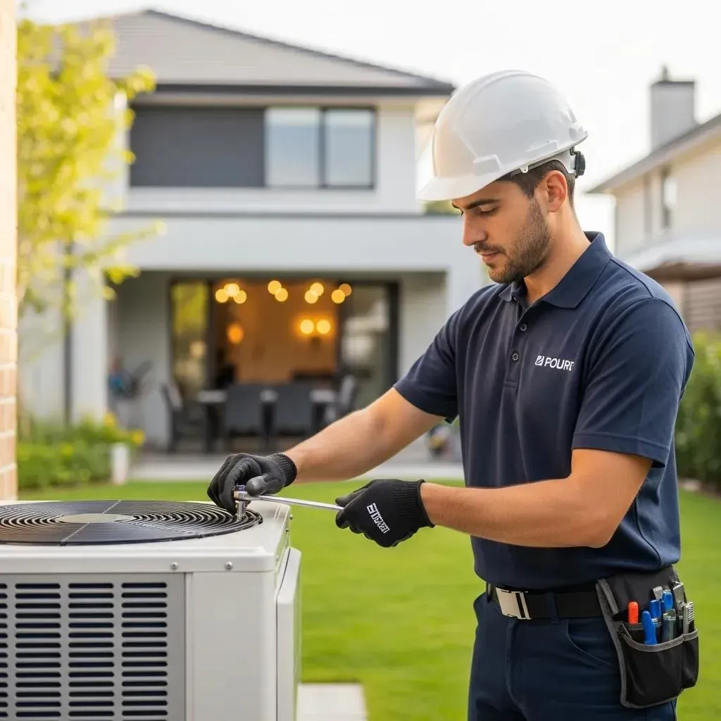 HVAC technician repairing air conditioning unit in a residential home