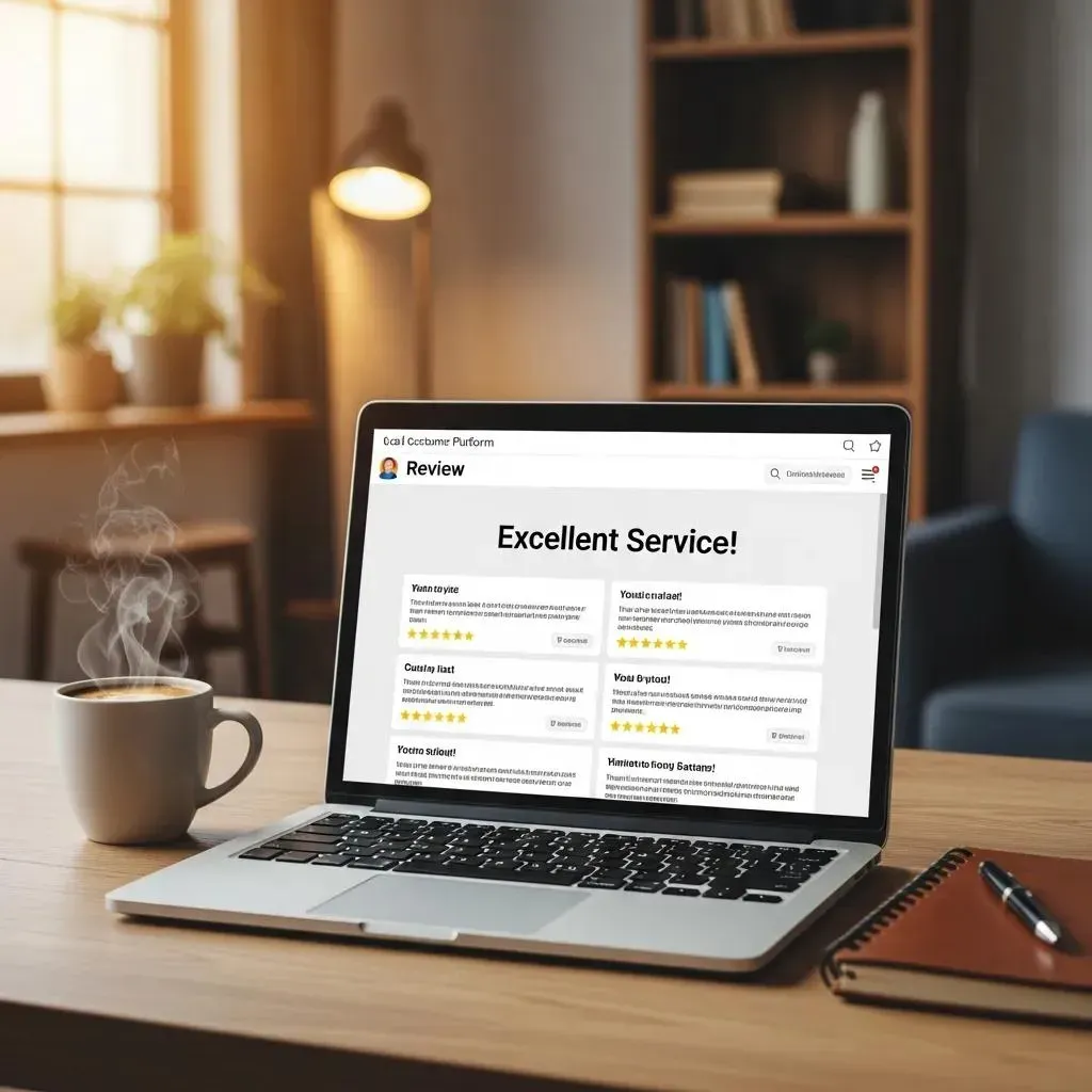 Laptop displaying positive customer reviews for OnPoint HVAC, highlighting reliability and customer satisfaction