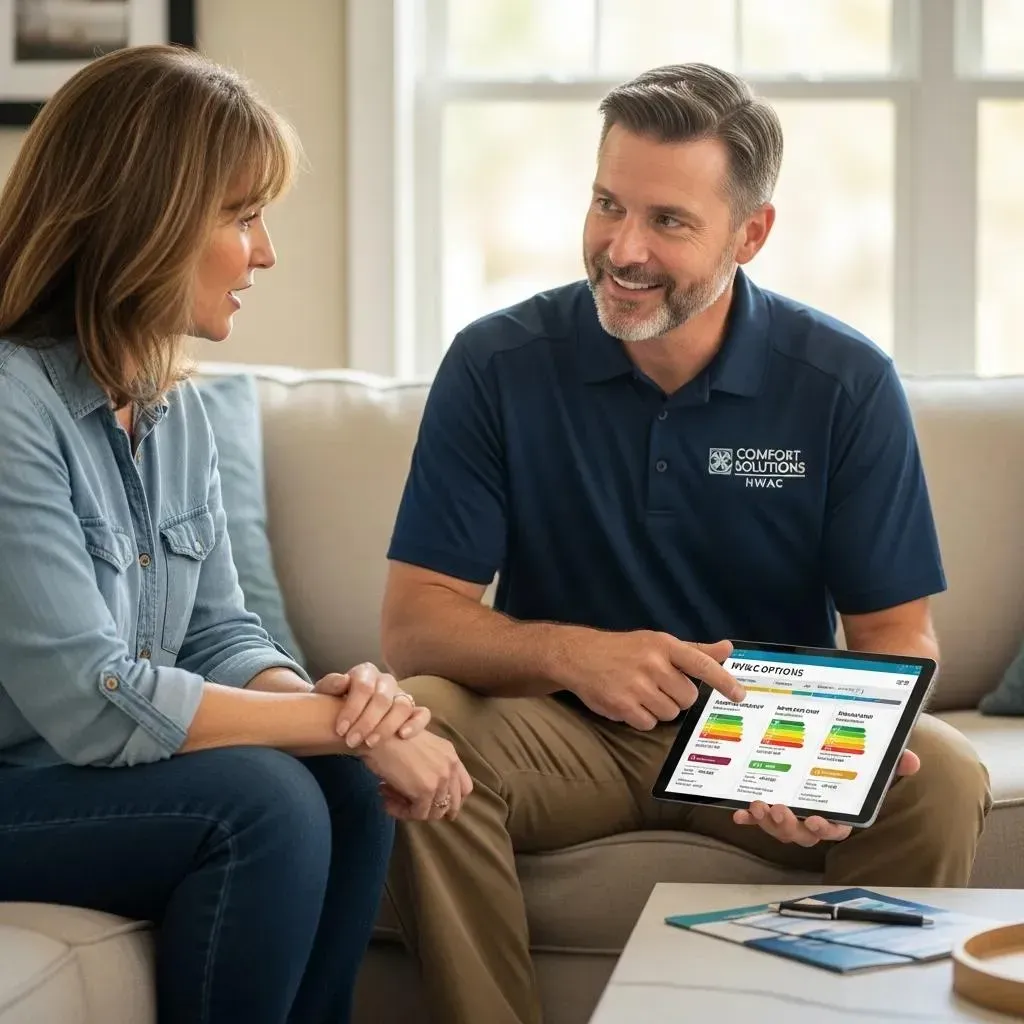 Licensed HVAC contractor consulting with homeowner about air conditioning options