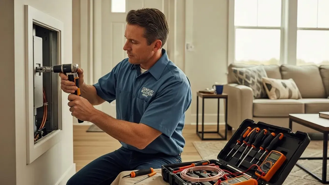 Technician wiring an electrical panel in a living room, with tools open on the floor nearby