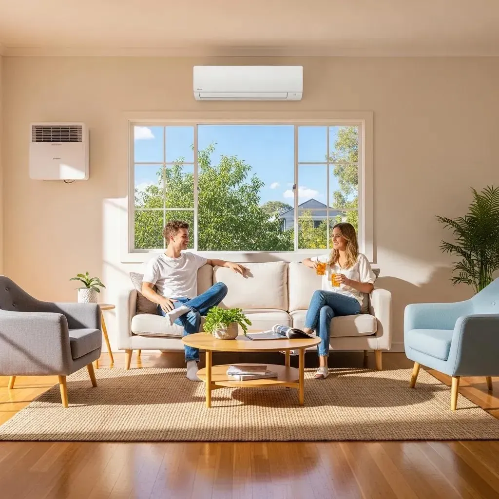 Modern air conditioning unit and ductless mini-split in a bright living room, illustrating home cool