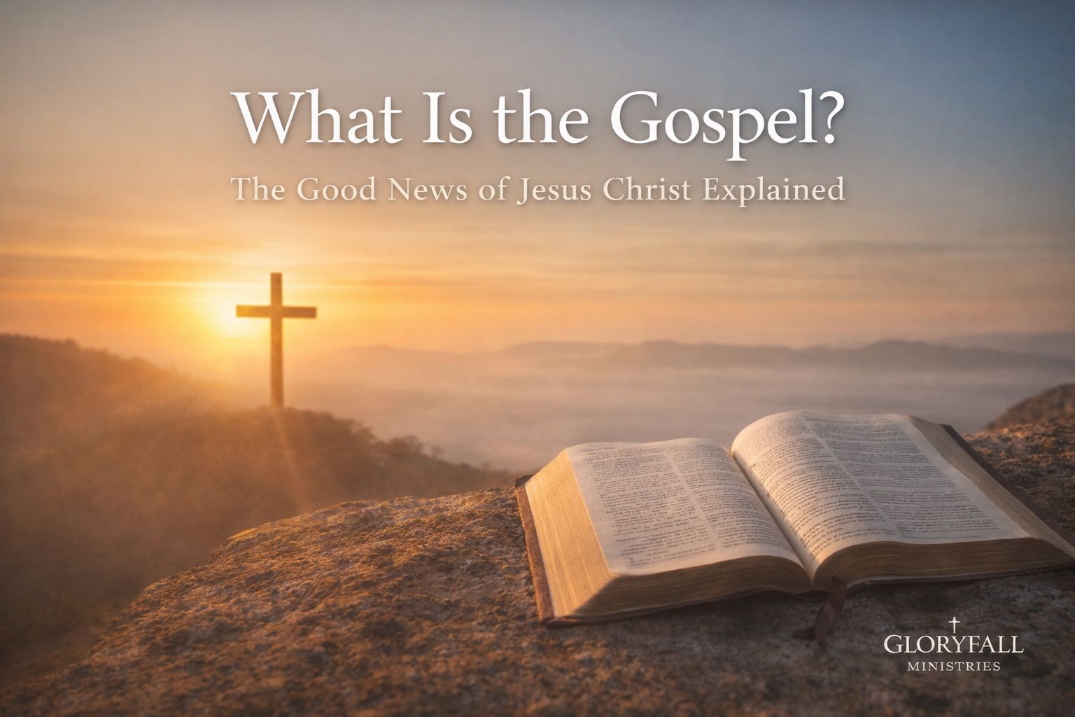 A dramatic yet peaceful sunrise scene over a hill with an empty wooden cross