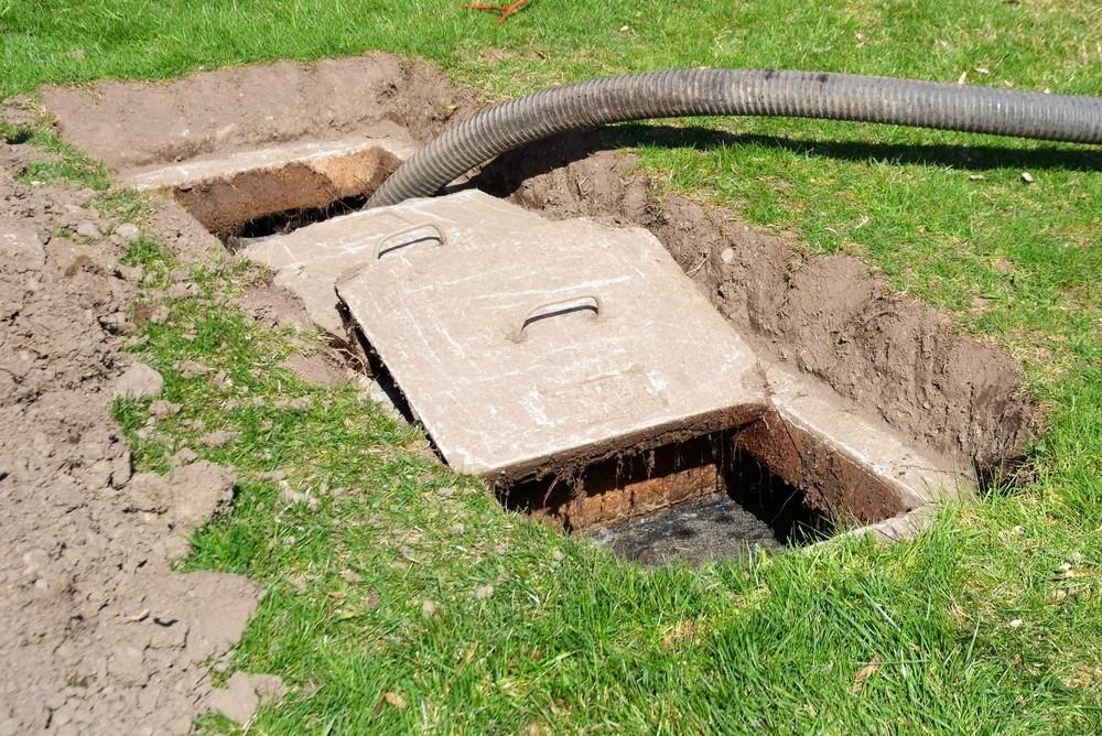 Open Septic Tank Being Pumped in a Grassy Yard — Rob Powell Plumbing Pty Ltd in Coraki, NSW