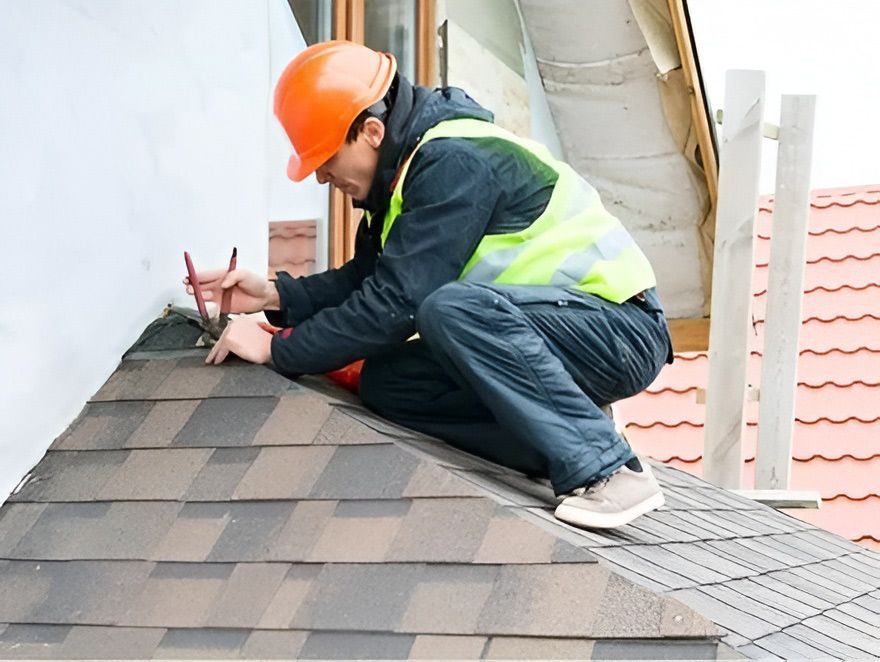 Roofer in Orange Hard Hat and Safety Vest Repairing Shingles on a Roof — Rob Powell Plumbing Pty Ltd in Coraki, NSW