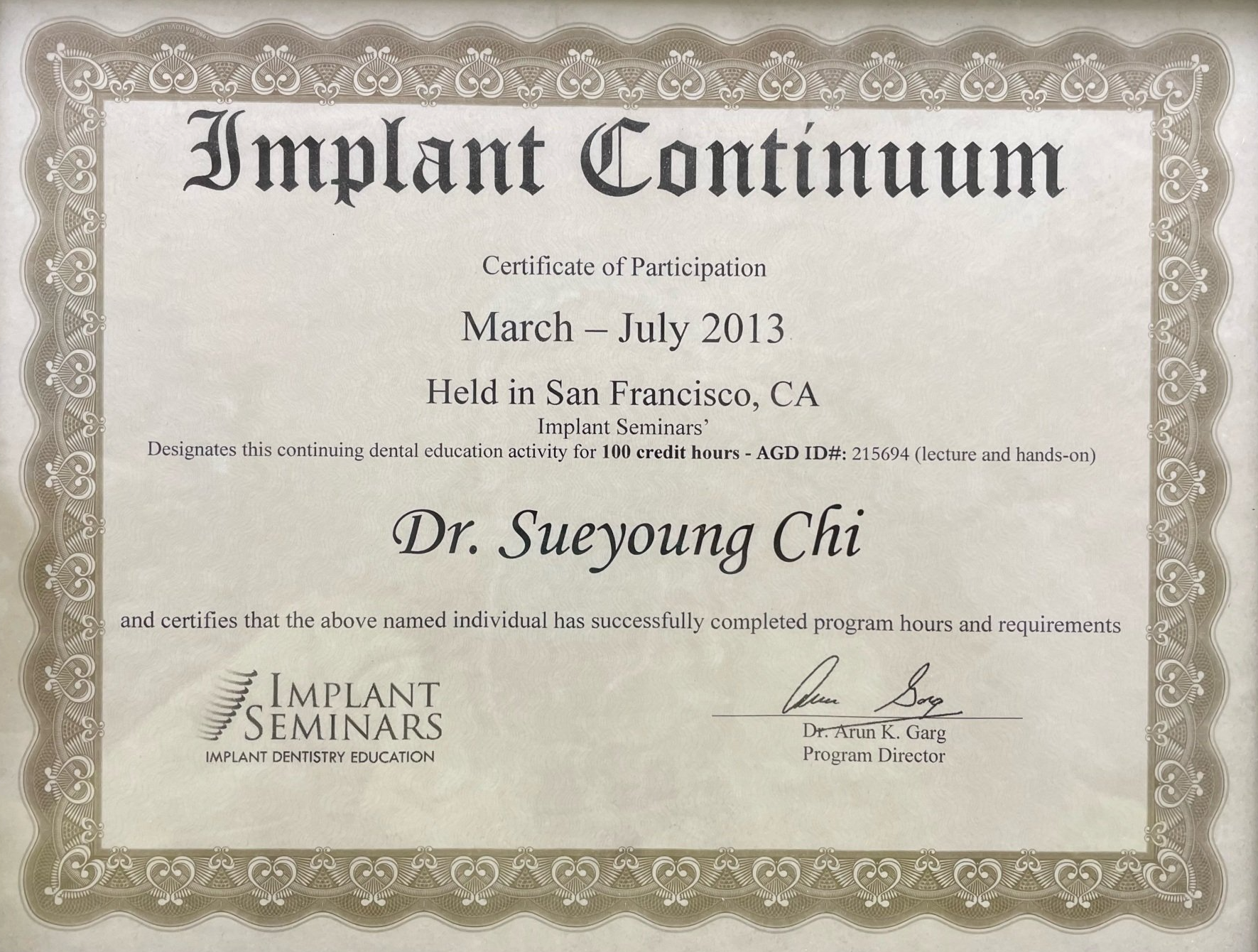Dr. Chi Implant Certification