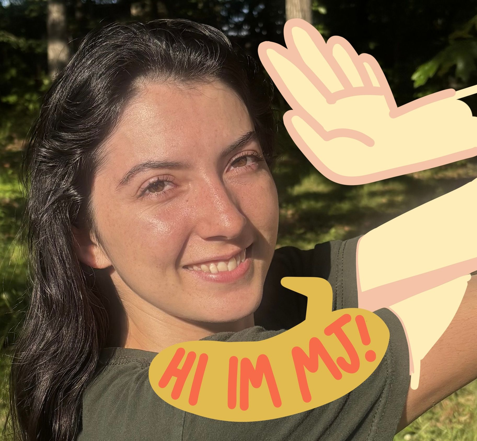 Woman smiles outdoors, waving. Text bubble: 