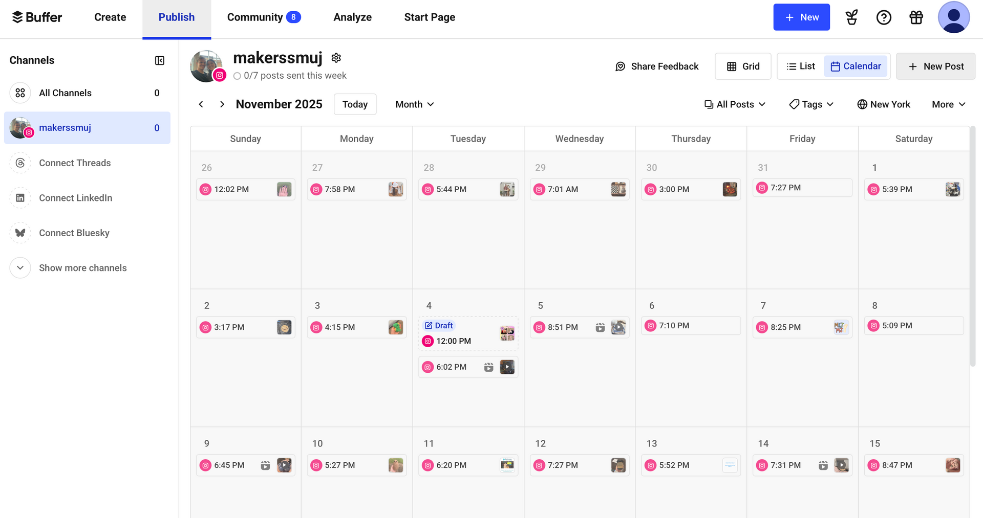 Calendar view showing daily tasks with profile icons and pink event markers.