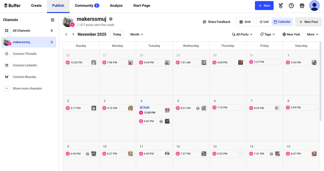 Calendar view showing daily tasks with profile icons and pink event markers.