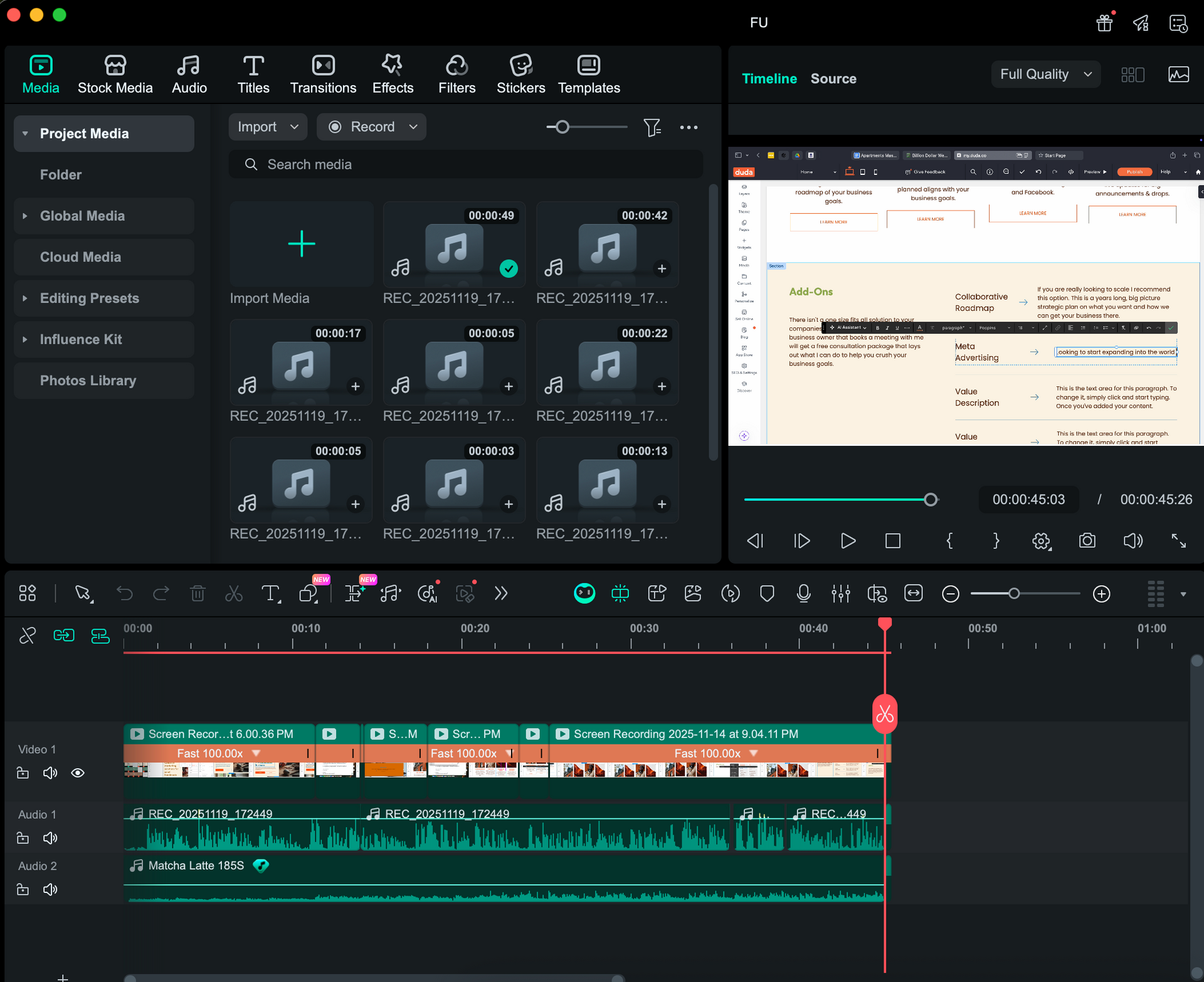 Video editing software interface with media library, preview, and timeline.