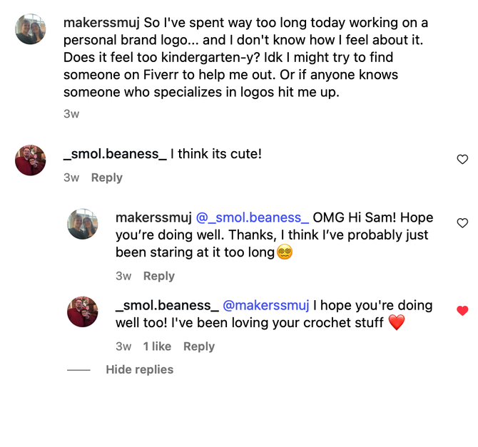Social media comments about a personal brand logo. One person seeks feedback, another likes it.