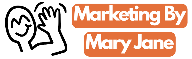 Cartoon figure waving next to orange rectangles with white text,