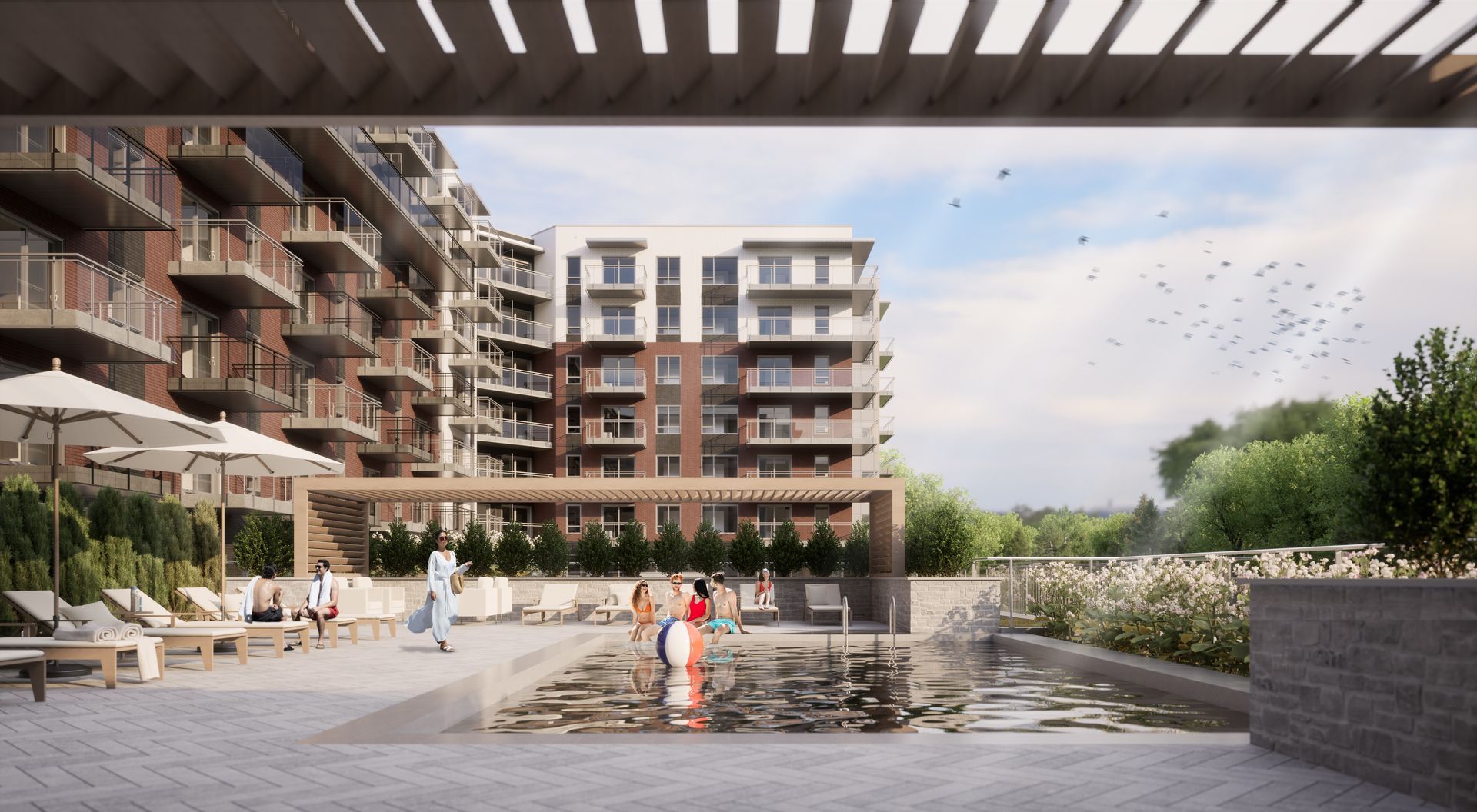 Vue d'artiste d'un bâtiment avec une piscine devant.