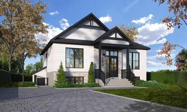 Vue d'artiste d'une maison blanche avec un toit noir