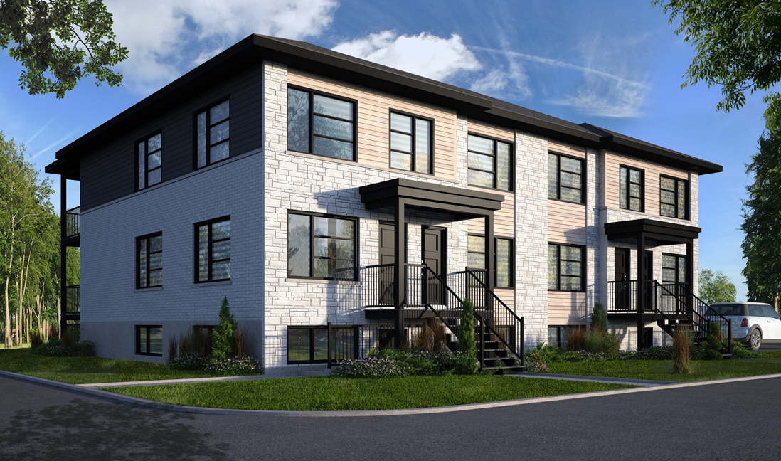 Vue d'artiste d'un immeuble d'appartements en brique avec une voiture garée devant.