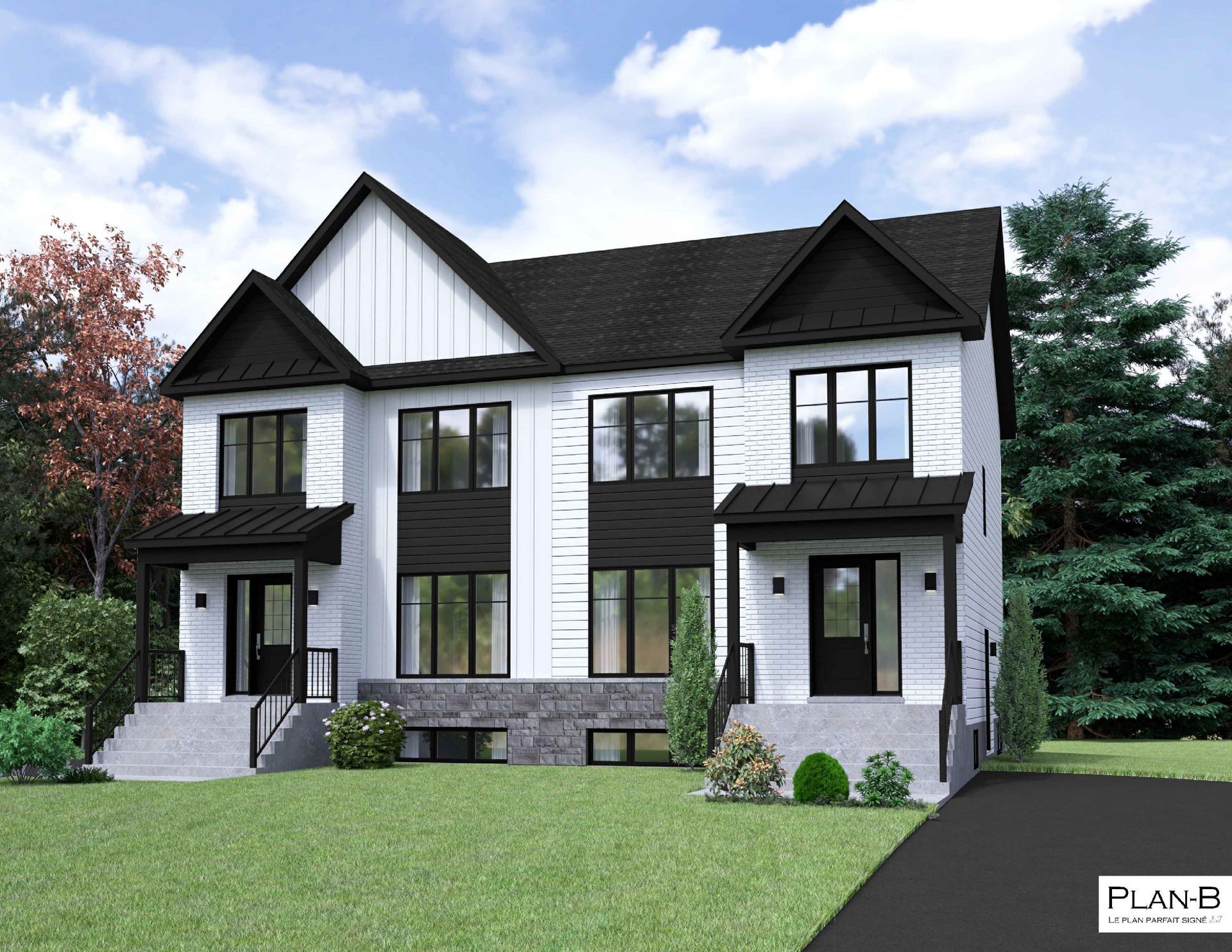 Vue d'artiste d'une maison blanche et noire