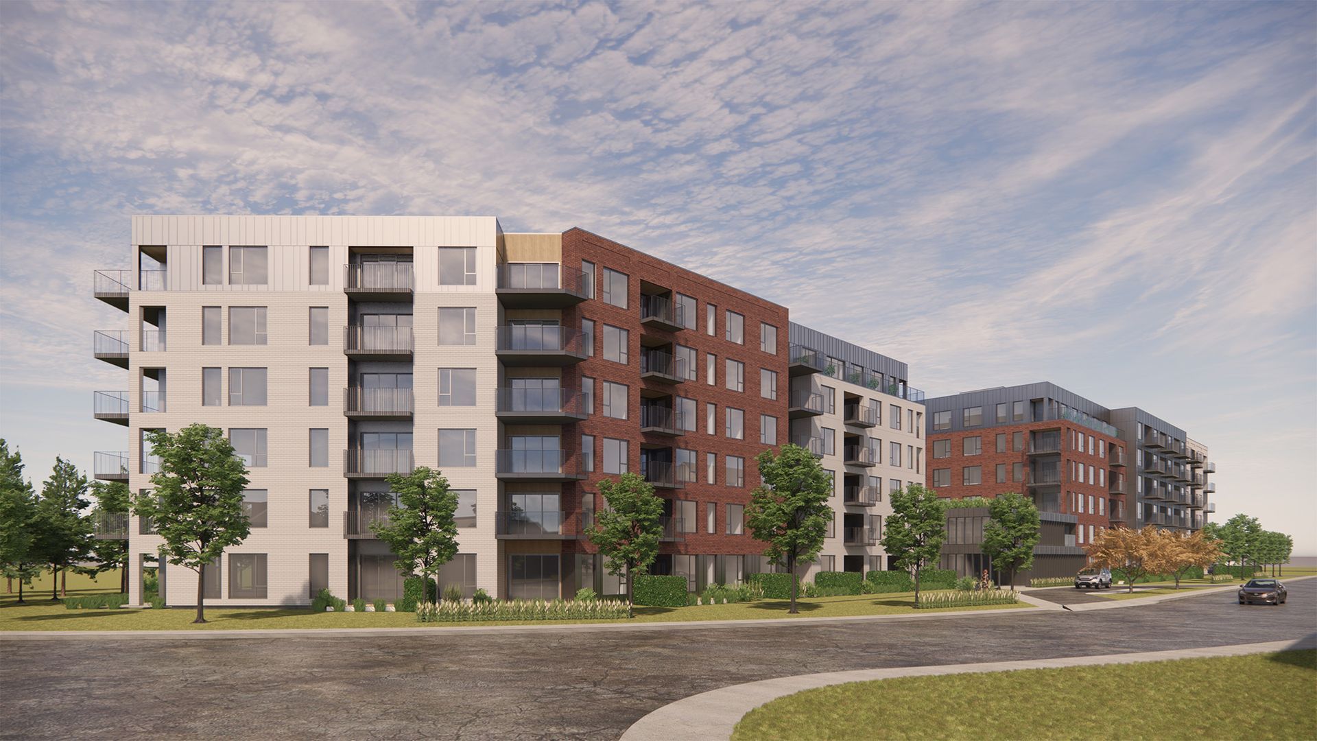 Une vue d'artiste d'un grand immeuble d'appartements.