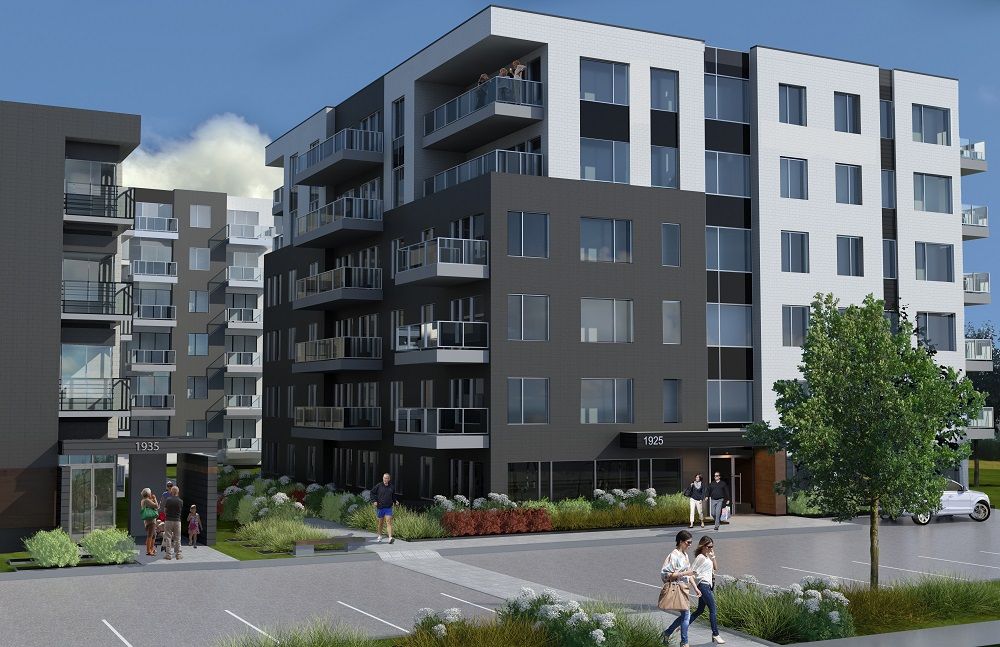 Vue d'artiste d'un grand immeuble avec des gens marchant devant.