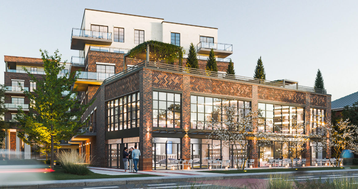 Vue d'artiste d'un grand bâtiment avec beaucoup de fenêtres.