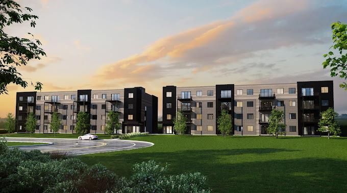 Vue d'artiste d'un grand immeuble avec un parking devant.