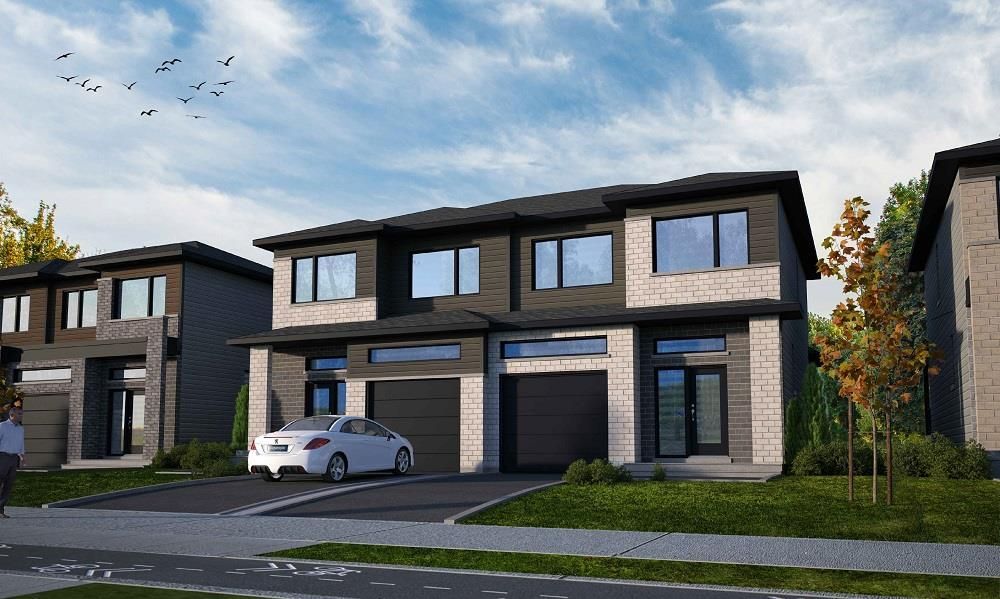 Vue d'artiste d'une rangée de maisons avec des voitures garées devant elles.