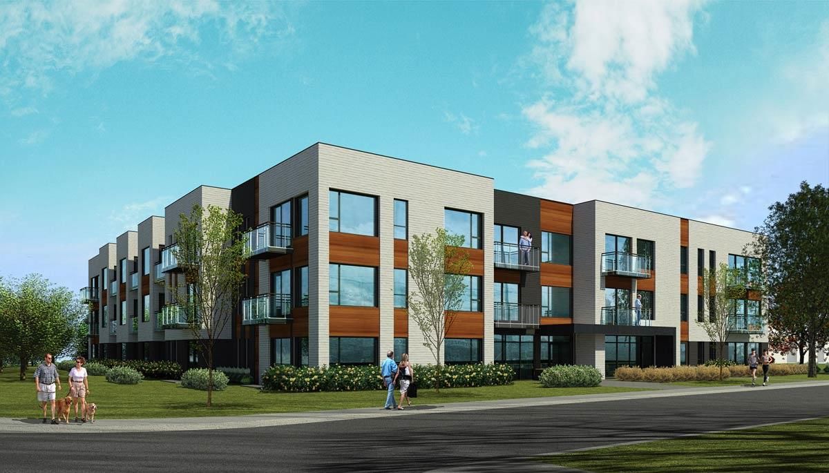 Vue d'artiste d'un grand immeuble d'appartements avec beaucoup de fenêtres.