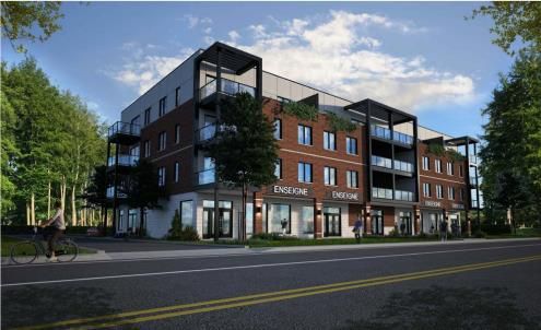 Vue d'artiste d'un bâtiment avec un vélo garé devant.