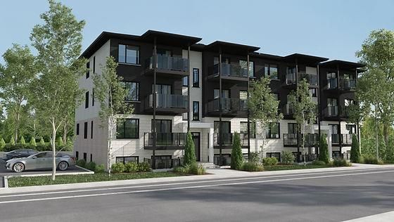 Vue d'artiste d'un grand immeuble avec des voitures garées devant.