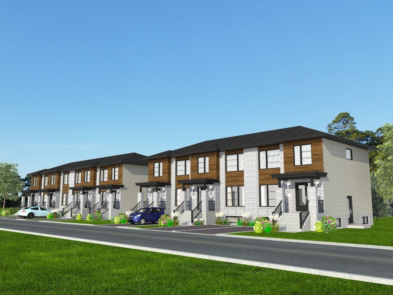 Vue d'artiste d'une rangée de maisons avec des voitures garées devant elles.