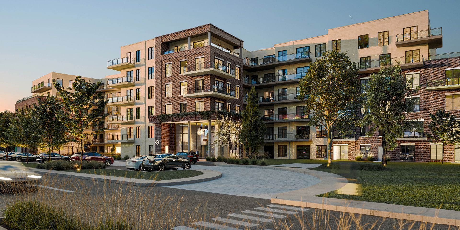 Vue d'artiste d'un grand immeuble avec des voitures garées devant.