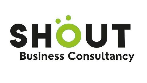 The logo for shout business consultancy is black and green.