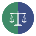 Scales of justice in white, centered on a circle divided green and blue.