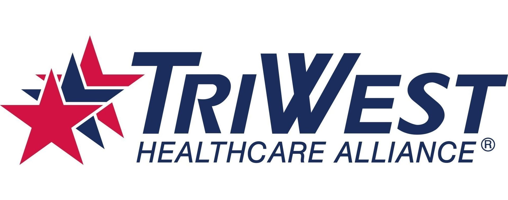 The triwest healthcare alliance logo has a red , white and blue star on it.