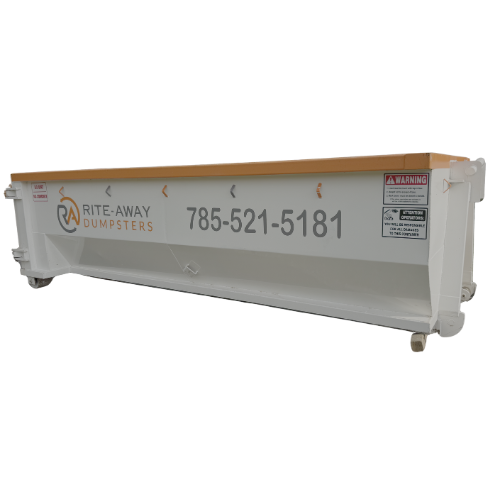 White dumpster with Rite-Away Dumpsters logo and phone number, sitting outside, with a tan-colored top.