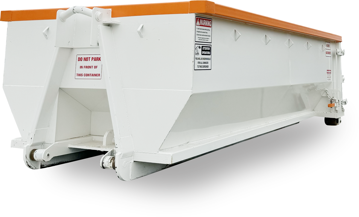 White and orange industrial dumpster with wheels, angled view.