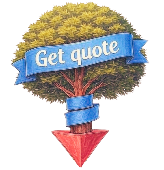 A tree with a red arrow is point down, and a blue ribbon says 
